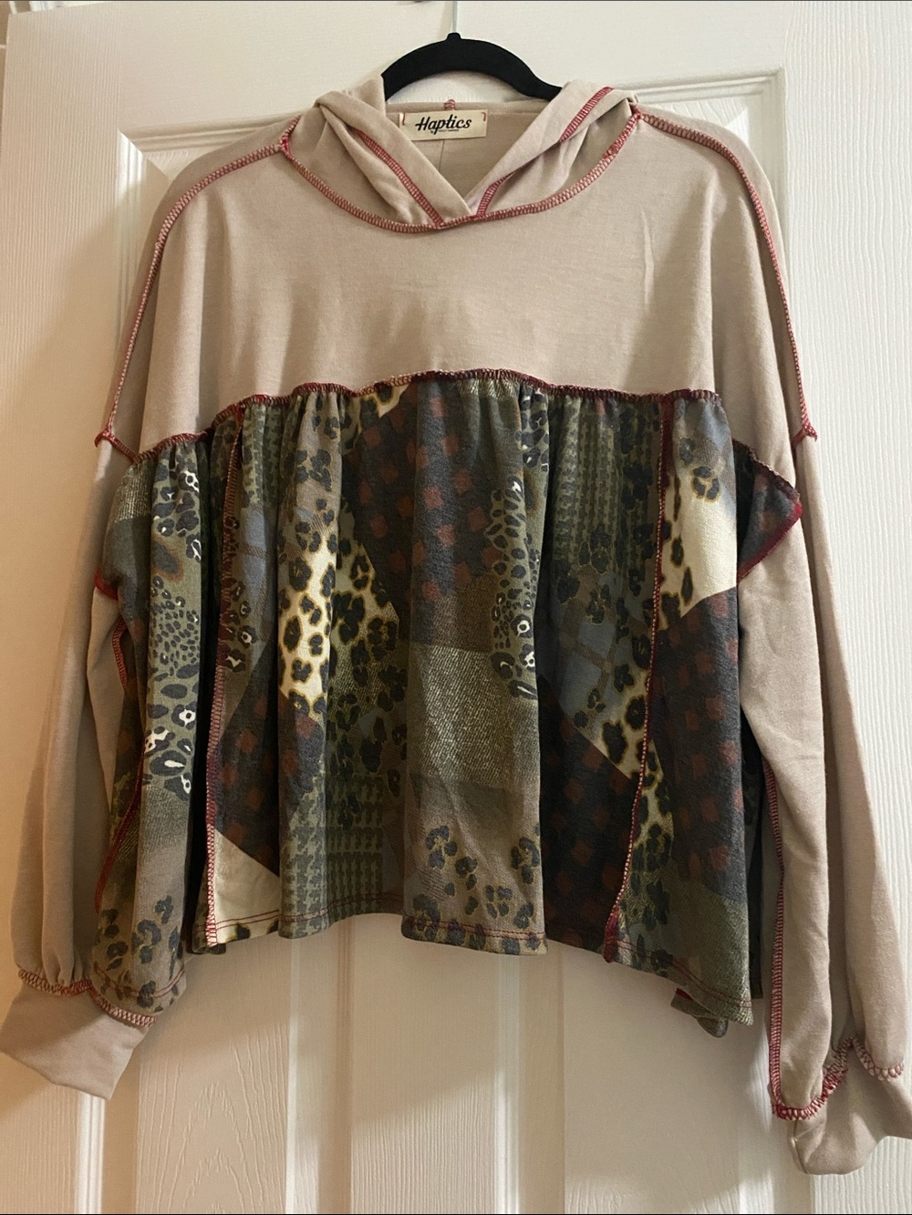 Haptics Beige Hooded Sweatshirt with Animal-Print Panel
